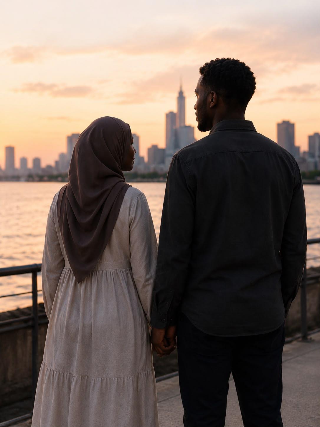 Muslim couple at sunset